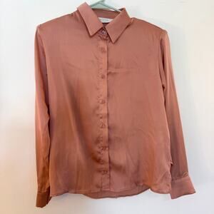 ASTR The Label Shoulder Pad Blouse Womens XS Satin Button Front Dusty Rose Top